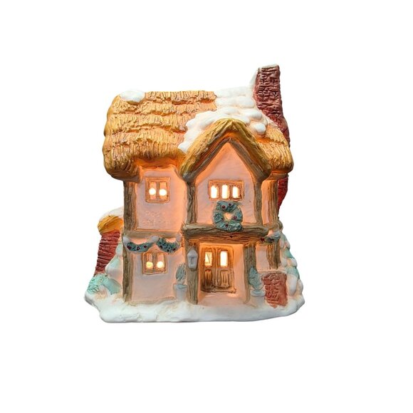 Christmas Cottage House Ceramic Light-Up Thatched Roof Christmas Village Decor - Picture 1 of 10